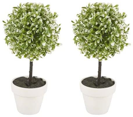 URBNLIVING 2Pc Decorative Artificial Topiary Box Tree Plant Indoor Outdoor Set (Medium 27CM, Green)