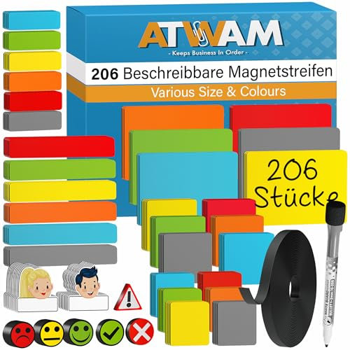ATWAM 209 Magnetstreifen Beschreibbar Mega Set - Verschiedene Größen - 6 Farben - Scrum & Kanban - Beschreibbare Magnete - Für Whiteboard, Magnettafel, Magnetwand & Kühlschrank