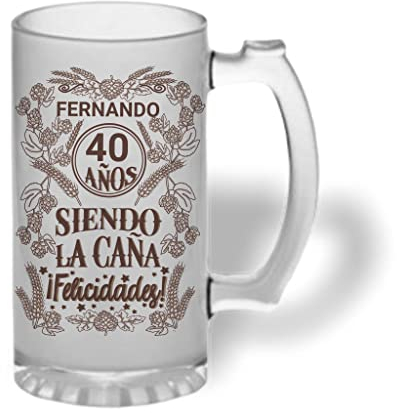Bee Ingenious Jarra cerveza personalizada de cristal esmerilado. Regalo original: 40 años siendo la caña ¡Felicidades!...con nombre y año personalizados - cumpleaños