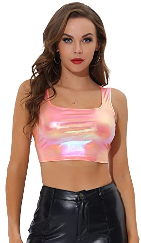 Allegra K Women's Crop Top, Vest Tank Top, U Neck Sleeveless, Party Clubwear, Shiny Metallic Rose Pink 8