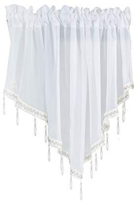 Devola Dreieckiger querbehang Gardine Spitze Scheibengardinen modern transparent Kurzer Vorhang mit hängenden Kristallperlen Küchenfenster Volant heimdekorationen Panneaux BxH 130x60cm Weiß 1 Stück