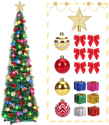 RACPNEL Albero di Natale pop-up con paillettes colorate, luci, topper per albero e gonna per alberi, albero di Natale pieghevole, decorazione natalizia per esterni e interni