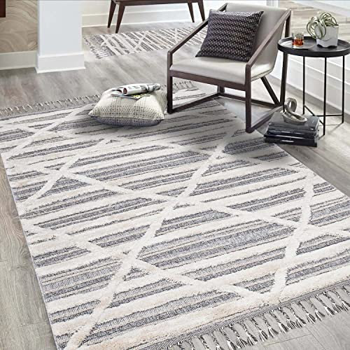 carpet city Teppich Wohnzimmer Boho-Stil Graublau, Creme - 140x200 cm - Raute-Streifen-Muster - Relief-Optik, 3D-Effekt - Cut-&Loop, Sisal - Moderne Fransen-Teppiche Schlafzimmer