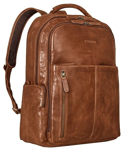 STILORD Sherlock Laptoprucksack Damen und Herren 17 Zoll Leder ideal als Studenten Rucksack Leder Cityrucksack groß Messenger Rucksack Retro und Lederrucksack Echtleder Farbe:Brandy - Cognac