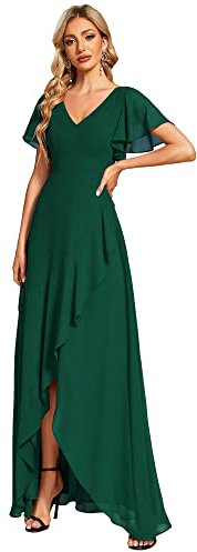 Ever-Pretty Women Stylish Prom Dresses Chiffon Irregular V Neck Short Sleeves Evening Dresses Dark Green 12