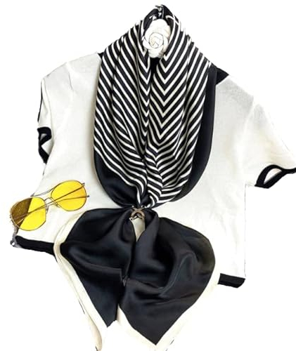 LA FERANI Designer Damen schwarz weiss edel Seidentuch Stola Halstuch Seide gestreift Bandana leicht 90x90cm quadratisch Geschenk Frau Mutter