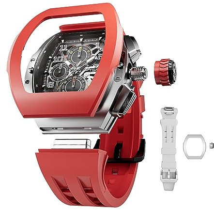 TSAR BOMBA Austauschbare Herren-Armbanduhr, wasserdicht, 100 m, einzigartig, Business-Arbeit, Tonneau, Luxus-Skelett-Armbanduhr, Chronograph, Kalender, Datum, großes quadratisches Zifferblatt,