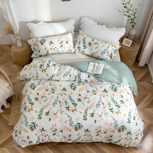 MILDLY Bettwäsche 135x200 Baumwolle 4 Teilig, Bettwäsche-Sets mit Pflanzenmuster, Reißverschluss, ÖkoTex Zertifiziert, Enthält 2 Bettbezug 135x200 und 2 Kissenbezug 80x80, Grün(Kaelyn)