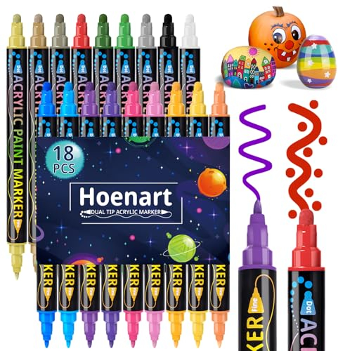 Acrylfarben stifte, Acrylstifte für Steine Wasserfest 18 Farben Dual Tip Tifte für Steine Bemalen, Multimarker Doppelspitze Acryl Permanent Marker für Holz, Leinwand, Glas, Papier, Fotoalbum