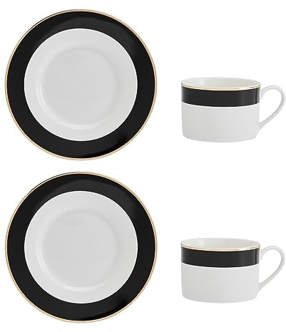 Mikasa Luxe Deco Set con tazza da tè e piattino in porcellana, 2x tazze da tè e piattini con motivo a righe, tazze da 200 ml - Confezione regalo e lavabile in lavastoviglie
