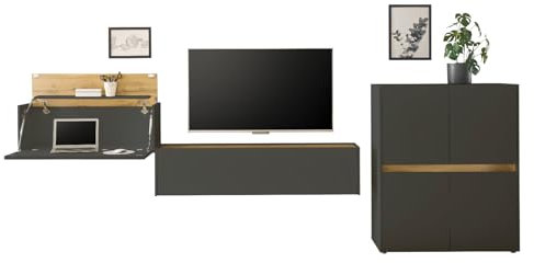 Furn.Design Wohnwand mit Sekretär/Schreibtisch in grau matt und Wotan Eiche Wohnkombination Büromöbel Home Office 6 teilig Set 340 x 200 cm Center (Set 2)