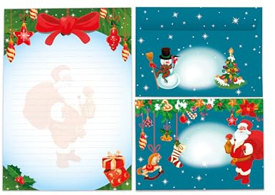 Briefpapier-Set A5 Weihnachtsmann Schreibblock liniert mit Umschlag Motiv Weihnachten Wichtelgeschenk für Kinder Jungen Mädchen (1 Block A5 mit 25 Blättern + 15 bunt bedruckte Kuverts)