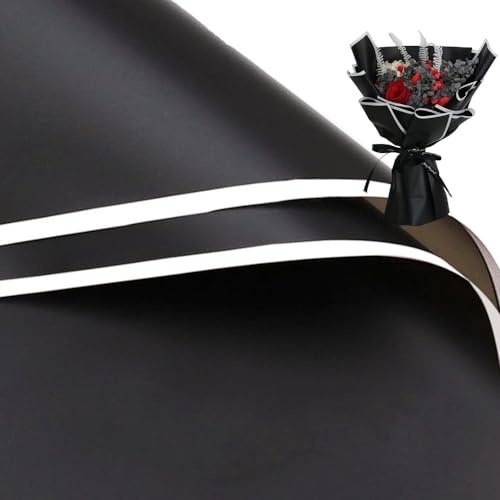 20 Pcs White Edge Black Flower Wrapping Paper, Waterproof Valentine's Day Bouquet Wrapping Paper 23x23 Inches for DIY Crafts, Florist Bouquet Packaging
