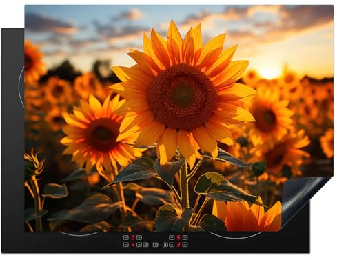 KitchenYeah© Coperchio Piano Cottura 71x52 cm Cucina Copri Fornelli Tappetino Induzione Antiscivolo Piastra Protezione Fiori - Girasole - Tramonto - Giallo