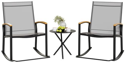 Shintenchi 3 Piece Outdoor Rocking Bistro Set, Textilene Fabric Small Patio Furniture Set, Front Porch Rocker Chairs Conversation Set with Table for Lawn, Garden, Balcony, Poolside (Light Gray)