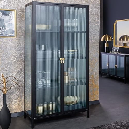 LEBENSwohnART Moderner Vitrinen-Schrank TRIADO 160cm schwarz Gold Metall Riffelglas Highboard