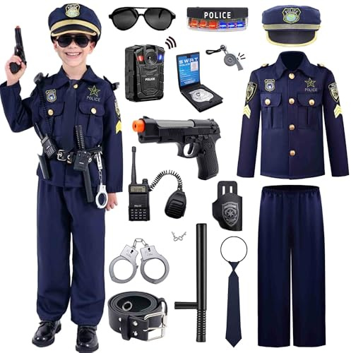 Yunsuelo Policejní kostým pro děti- Policejní kostým děti s policejním vybavením, policejní hračka pro děti chlapce Halloween karneval (8-10Jahr)