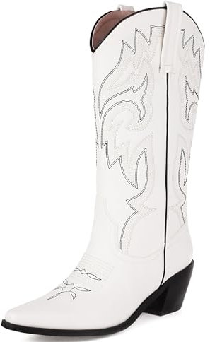 Voviggiw Stivali da cowboy ricamati da donna, a metà polpaccio, stivali da cowgirl, stivali western, polpaccio largo, bianco, 40 EU