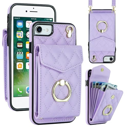 Draamvol for iPhone SE 2022/ iPhone 8 Case Wallet Shockproof Leather iPhone SE 2020/7 Phone Case with Card Holder Ring Holder Detachable Necklace Magnetic RFID Blocking Air Bumper Cover,Light Purple