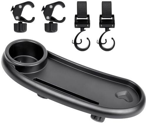 OSDUE Kinderwagen Tablett, 3 in 1 Snack Tablett für Kinderwagen, Kinderwagen Snack Tray, 360 Grad Drehbares Kinderwagen Snack Tablett, Kinderwagen Getränkehalter mit 2 Haken