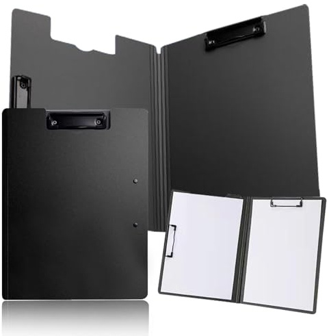 Klemmbrett A4 mit Deckel, Klemmbrettmappe mit 2 Klemmen | Schreibmappe aus Kunststoff mit aufklappbarem Schutz für Unterlagen, leicht für Büro, Schule und Besprechungen, Schwarz