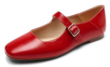 DREAM PAIRS Women's Flats Square Toe Mary Jane Flats Comfortable Casual Slip On Dress Shoes Ballet Flats with Buckle Strap Business Casual Work Office Mary Jane Shoes,Size 8,Red,DWUMFA2520