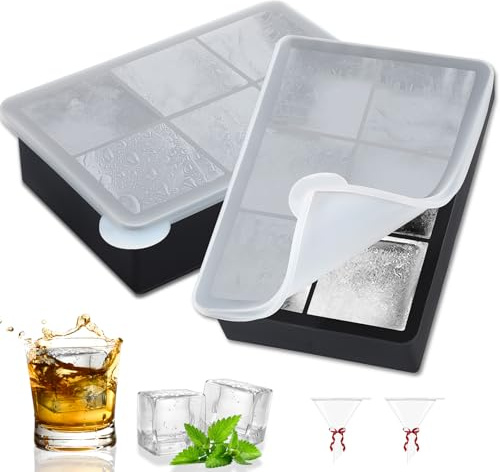 Gucass 2 Stück Eiswürfelform Silikon Eiswürfelbehälter mit Deckel, 5cm 6 Fach Eiswürfelformen Groß Quadratische Eiswürfelschalen, BPA Frei Ice Cube Tray für Whisky Cocktails Wein Obst Schokolade