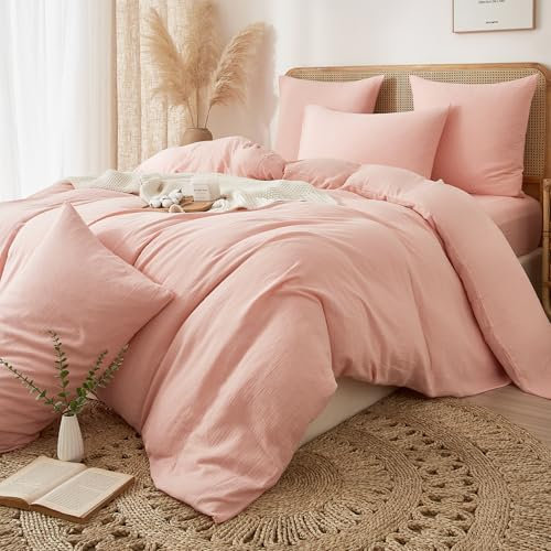 DXHOME Baumwolle Muslin Bettwäsche 135x200 Rosa Renforce Bettwäsche-Set Weiche Atmungsaktiv Kühlende Bettbezug mit Reißverschluss + 1 Kissenbezug 80x80 cm