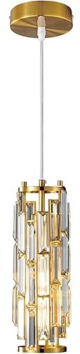 Crystal Pendant Lamp with Battery, Without Power Connection, Rechargeable Pendant Light with Remote Control, Battery Operated, 7 Colour Conversion for Kitchen Island, Bedside Table, Bedroom (Gold)