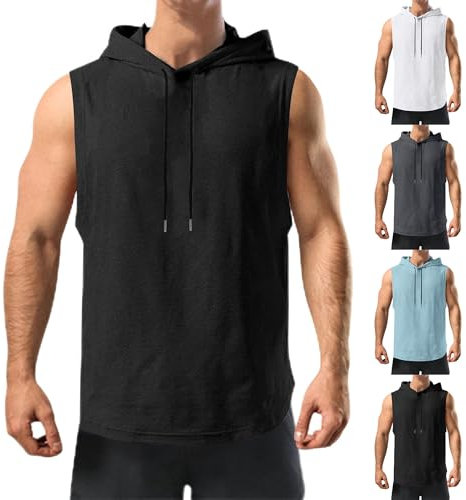 UHouse Ärmelloser Hoodie Herren Gym Tank Top mit Kapuze Sport Muskelshirt Leicht Sommer Kapuzenshirt Stretch Tanktop Fitness Trägershirt Einfarbig Axelshirt Männer Schwarz L