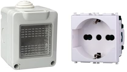 Kit Scatola Elettrica IP55, Completa Di Frutti Compatibile Con Vimar Plana, 2 Moduli Presa Schuko P40 Universale 10/16A, Contenitore Con Coperchio, Da Muro Parete Esterno e Interno