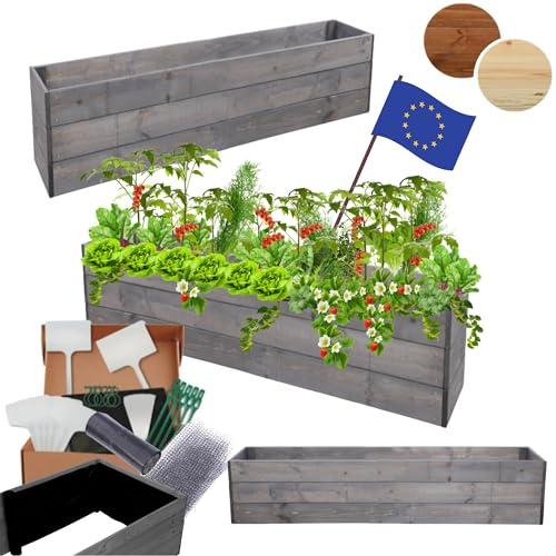 MODO24 Hochbeet Holz, Blumenkasten, Gartenbeet, 27x120x30 cm, Grau | Robuster Pflanzkübel & Blumenbeet für Garten, Terrasse & Balkon, Hochbeet für Gemüsegarten, Naturholz Holzbeet Anzuchtbeet
