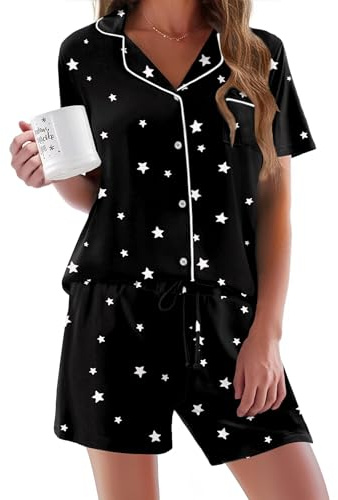 Ekouaer Women's Pyjama Sets Sexy Kurz Sleep & Lounge Ladies Sommer Button Up Pyjama for Ladies V-Neck Nightwear Soft Loungewear, Black with Stars, M
