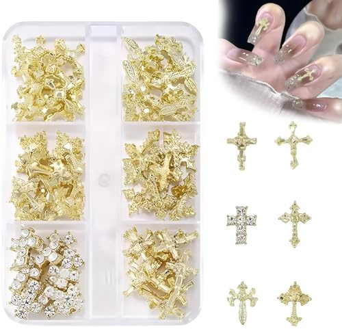 60-Piece 3D Gold-Coloured Cross Nail Charms, Clear Stone Decorations | Assorted Raised Details, 6-Compartment Translucent Case, For At-Home Natural, Acrylic And Gel Manicures And Pedicures
