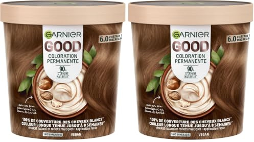 Garnier - Coloration Permanente - Sans Ammoniaque - 90% d'Ingrédients d'Origine Naturelle - Beurre de Karité - 100% Couverture Cheveux Blancs - GOOD Châtain Très Clair Mocaccino 6.0 (Lot de 2)