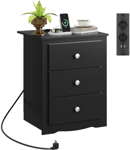 Nachttisch Schmal mit Steckdose, Nachtschrank mit 3 Schubladen, Schmal | Bedside Table mit Ladestation und Ablagefläche, USB-Anschlüsse, Metallrahmen, Kommode für Schlafzimmer, Wohnzimmer, Büro