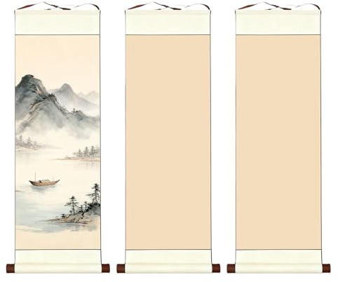 GOEDCH Lot de 3 rouleaux de calligraphie chinoise vides à suspendre - 80 x 30 cm - Rouleau de calligraphie - Rouleaux de papier vierges avec bâtonnets en bois pour la calligraphie et la peinture à