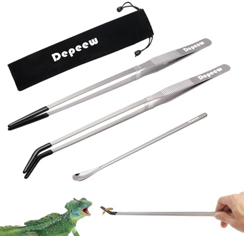 Depeew Reptile Feeding Tongs Long Tweezers, 4 Pack Stainless Steel Reptile Tweezers Set, 10.6 Straight & Curved Tweezers with Soft Rubber Tip, for Aquarium Terrarium, Crafts, Reptile Tank Accessories