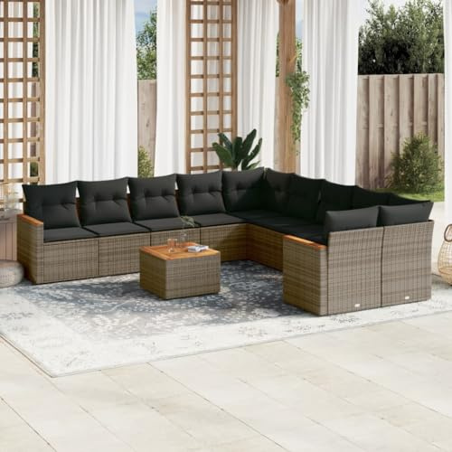 QJBSAVVA 11-TLG. Gartengarnitur Rattan Grau 62 x 62 x 69 cm mit Akazienholztisch und 10 Sitzer Robust und Modernes Design für Garten Balkon Terrasse