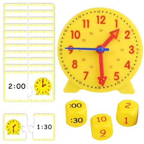 ZocRjvN Lernuhr Kinder, 1 Set Uhr Lernen für Kinder ab 5, 6 und 8, Lernspiele mit 3 Würfeln und 12 Zeitkarten, Gelbe Lernuhr aus Kunststoff für Grundschule und Kindergarten