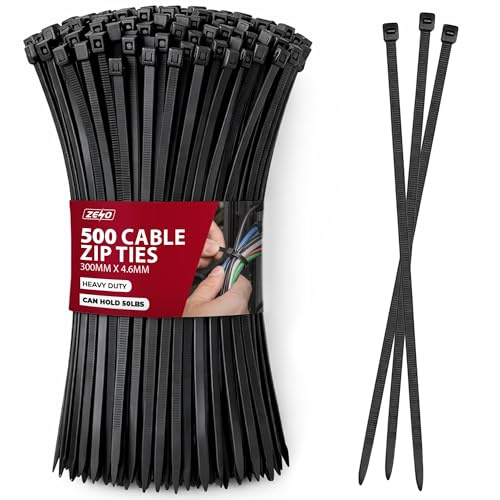 ZENO Cable Ties Black 500 Pack | Heavy Duty Zip Ties with 50lb Holding Strength | Self Locking Nylon Tie Wraps for Home Office Garden and Electrical Use | Black Cable Ties 300mm x 4.6mm