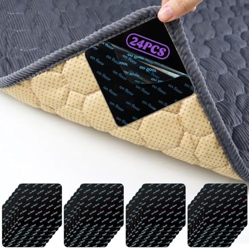 24 Stück Teppichstopper Antirutschpads- Selbstklebend Antirutschmatte | 10cm Doppelseitig, Wiederverwendbare Anti-Rutsch Schwarz Rug Gripper für Teppiche Eckenfixierung auf Fliesen Parkett Laminat