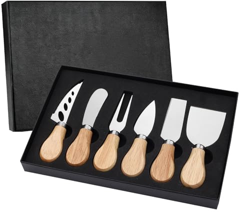 KOSLEOW Ensemble de 6 Couteaux à Fromage avec Fourchette et Racloir, Couteaux à Fromage en Acier Inoxydable avec Manche en Bois for Coupe et collection, Cadeau Élégant pour Plateau à Fromage
