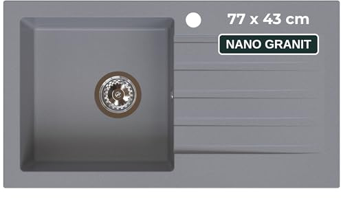 SINK QUALITY Küchenspüle mit Abtropffläche - Spülbecken grau 77x43 cm - inkl. Siphon und Imprägniermittel - Einbauspüle für 45er Unterschrank - Granitspüle grau