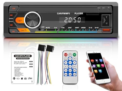 Autoradio Bluetooth 5.0, FM/AM/7 Farben Auto Radio mit Bluetooth Freisprecheinrichtung, 1DIN mit 2 USB/AUX/SD/MP3 Player und Fernbedienung für iOS/Android(Batterie Nicht im Lieferumfang enthalten)