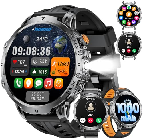 Reloj Inteligente Hombre con 1000mAh Batería,1.85 Smartwatch Hombre con Llamadas/LED Linterna,110+ Modos Deportivos,IP68 Impermeable/Pulsómetro/Sueño,Pulsera Actividad Android iOS Negro Grafito