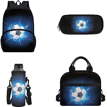 THKVSV Sac à dos pour enfants 4 pièces pour écolière, sac à déjeuner isotherme, trousse à crayons, bouteille d'eau, personnalisé, taille unique, personnalisé, Imprimé football galaxie, Taille unique