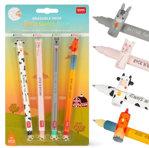 LEGAMI - Set of 4 Farm Sweet Farm Erasable Gel Pens, Stylos à encre thermosensible effaçable, noir, rose, vert, rouge, efface sans consommer de feuille, pointe 0,7 mm