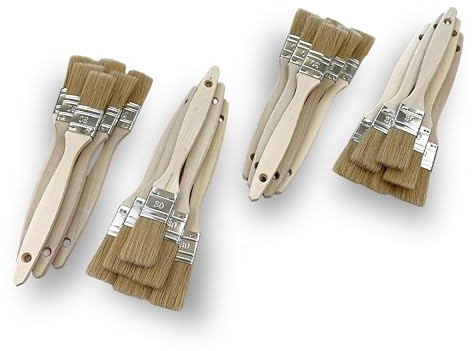 Kibros Lot 24 pinceaux Queue de morue Soie Blanche 30 mm | Soie blanche naturelle, manche bois brut, pour peinture huile, acrylique, vernis, lasure et colle.