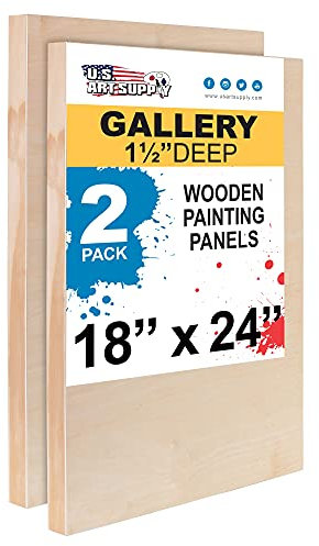 U.S. Art Supply 18 x 24 Birch Wood Paint Pouring Panel Boards, Gallery 1-1/2 Deep Cradle (Pack of 2) - Artist Depth Wooden Wall Canvases - Painting Mixed-Media Craft, Acrylic, Oil, Encaustic
